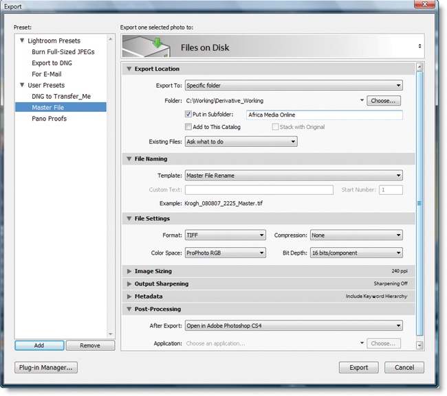 The Export dialog set up to make master files.