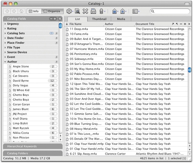 You can catalog other media in a comprehensive manner with Expression Media. Here is a view of my family’s audio files catalog.