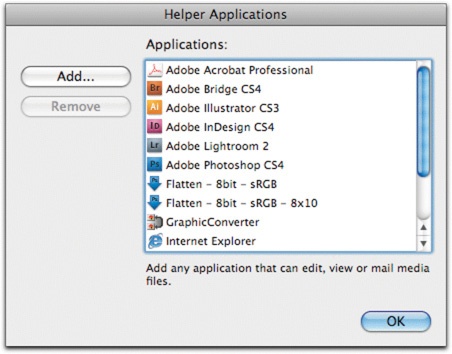 The Helper Applications preferences panel.