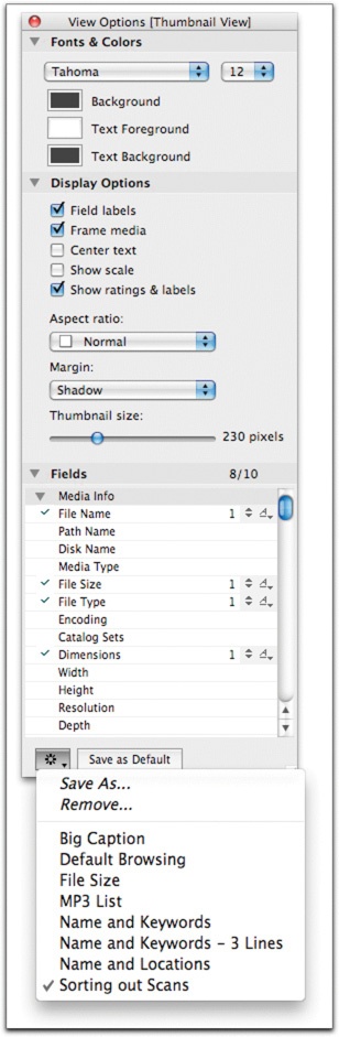 The View Options dialog box. You can save configurations as option sets in the bottom drop-down list.