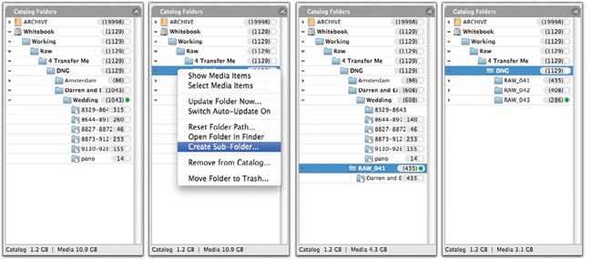 This sequence shows the Catalog Folders panel in Expression Media as I move the images into buckets. Images start in their number-range folders and are divided up into DVD-sized folders. At the bottom of each window, Expression Media shows how much space the selected folder takes.