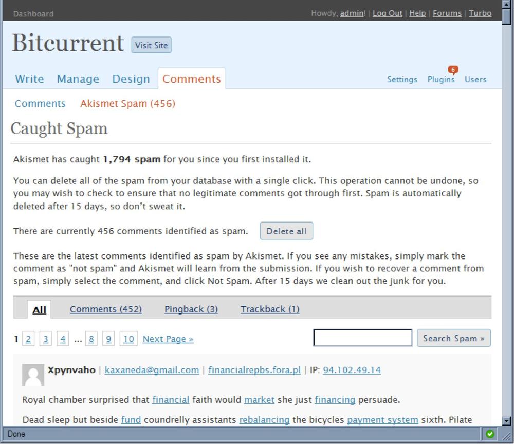 Spam messages flagged by the WordPress Akismet plug-in