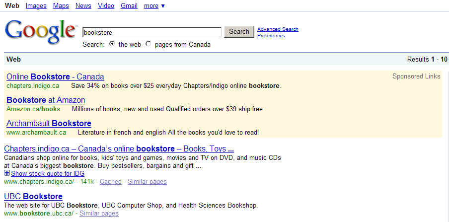 Google’s ranking of Chapters as a bookstore means the company doesn’t have to pay for advertising the way Amazon does in this search