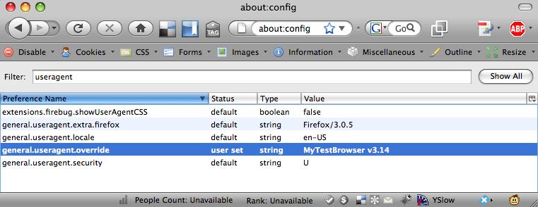Editing the useragent setting in Firefox