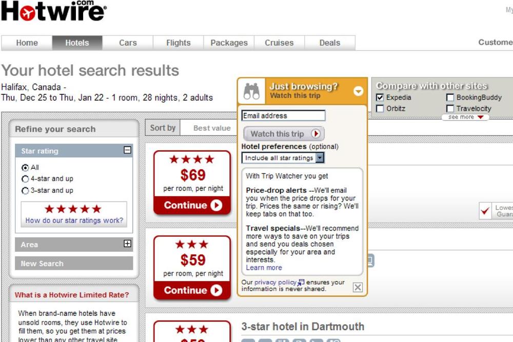 Hotwire’s “Just browsing?” prompt