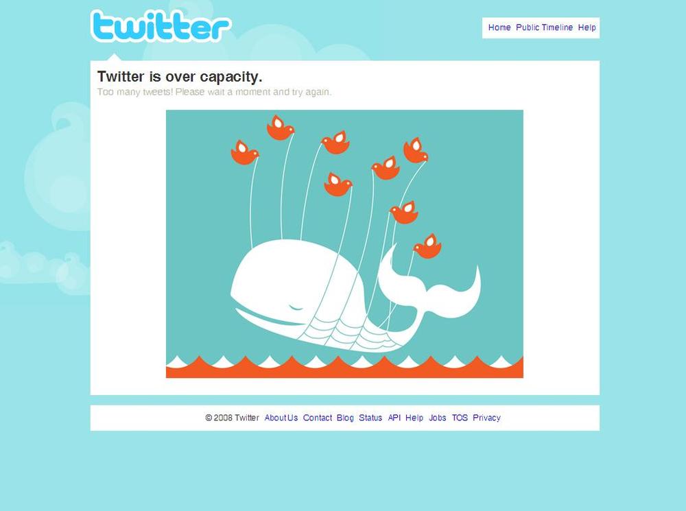 Twitter.com’s fail whale, a familiar sight during the service’s growing pains