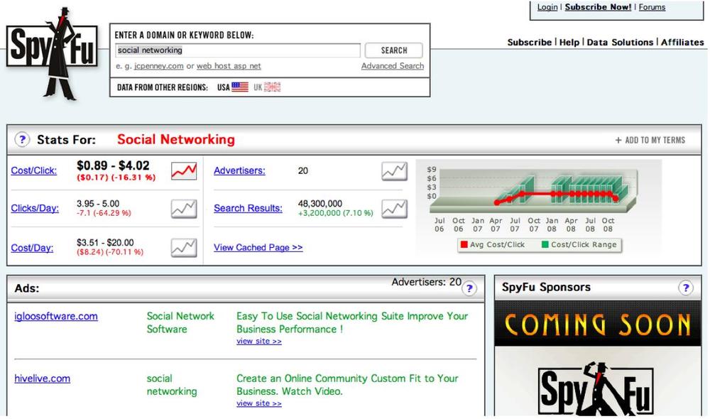 Tools like Spyfu show you who else is getting traffic for a particular keyword (in this case, “social networking”)