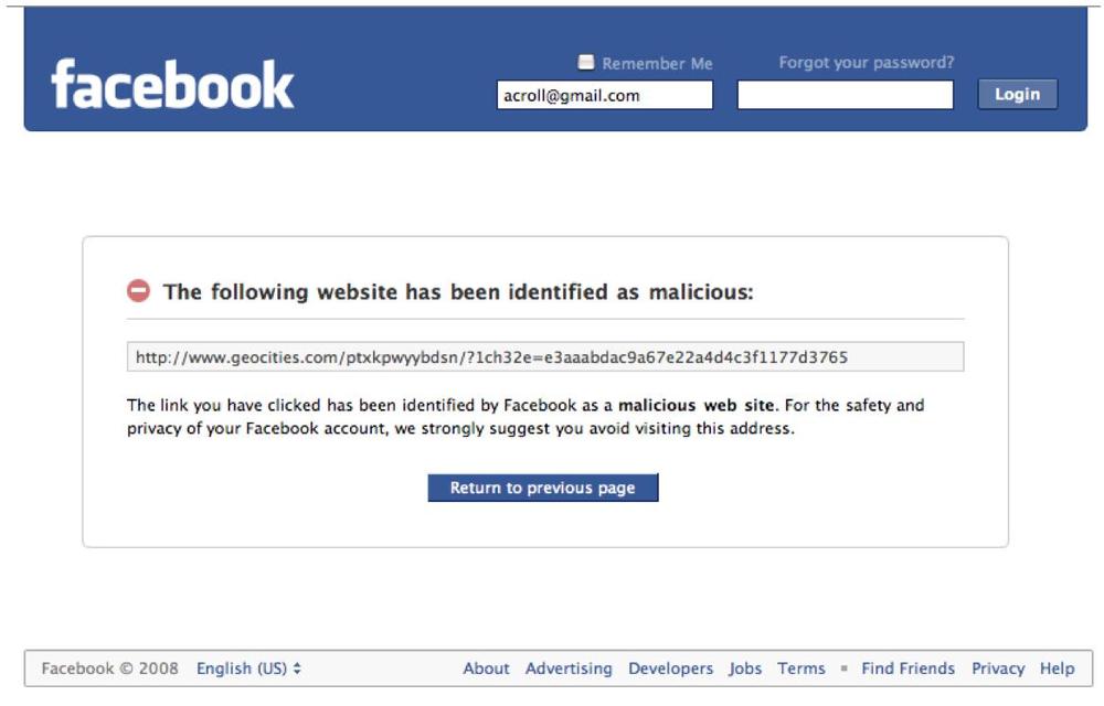 A Facebook warning about a malicious site invitation sent from an infected friend’s computer