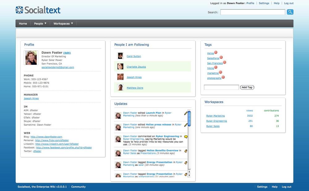 Socialtext is a commercial social network that includes wikis, micromessaging, and collaboration