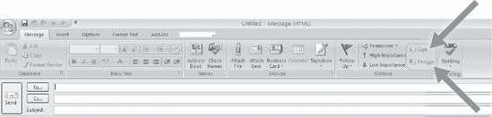 Commands for signing and encrypting e-mails in Microsoft Outlook 2007.