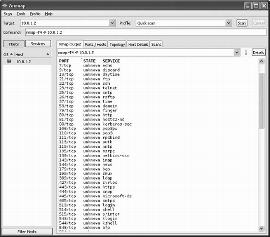 A sample Nmap report in the Zenmap GUI.