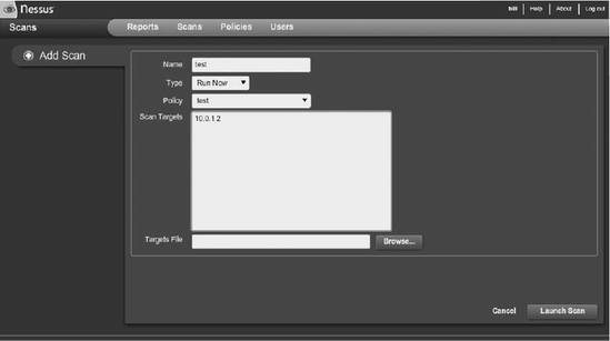 The Nessus configuration screen.