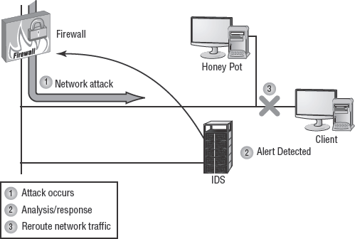 A network honey pot deceives an attacker and gathers intelligence.