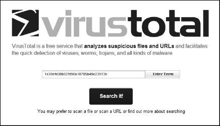 Submitting the observed MD5 hash to VirusTotal