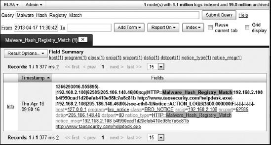 Query result for Malware_Hash_Registry_Match