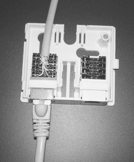 An outlet block provides a transition from loose wires to an Ethernet connector.
