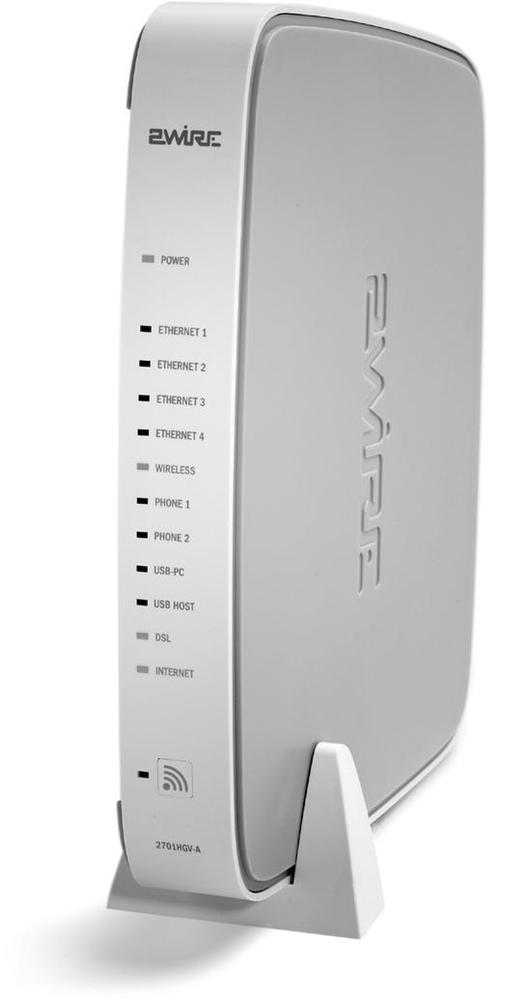 This DSL modem includes a four-port switch and a Wi-Fi base station.