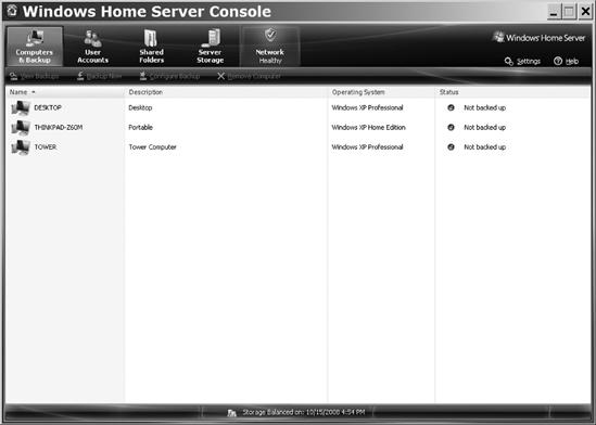 The Windows Home Server Console offers many control options on a single screen.