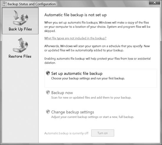 Use the Backup Status and Configuration tool to set up an automatic file backup.