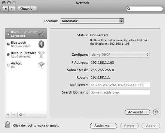 The Network window shows the current network connection settings.