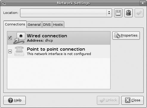 Gnome uses a tabbed window to set network configuration options.