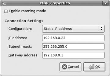 Use the Gnome network Properties window to configure a network connection without a DHCP server.