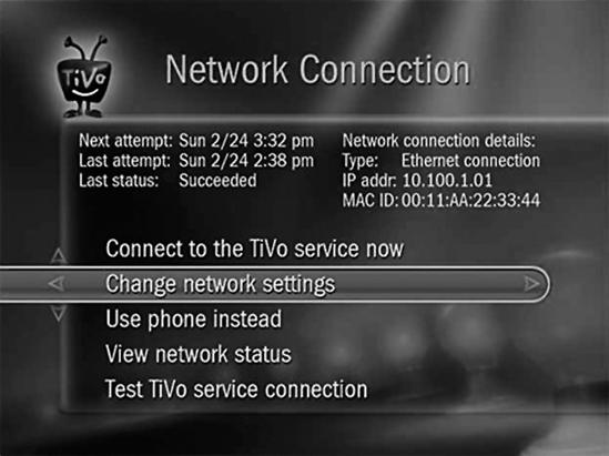 Use TiVo's Network Connection screen to configure a wired connection to your home network.