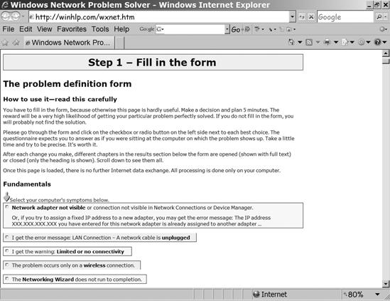 The Windows Network Problem Solver is an excellent interactive troubleshooting tool. This screen image shows only a small portion of the page; scroll down for additional information and instructions.
