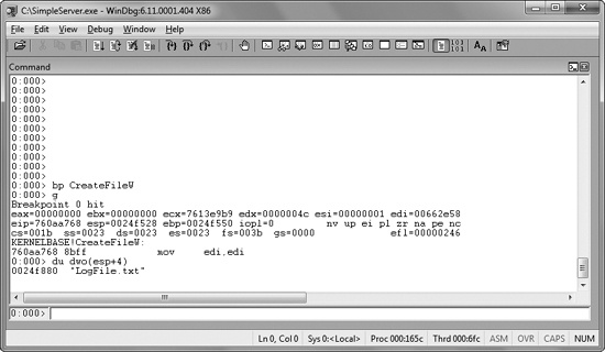 Using a breakpoint to see the parameters to a function call. We set a breakpoint on CreateFileW and then examine the first parameter of the stack.