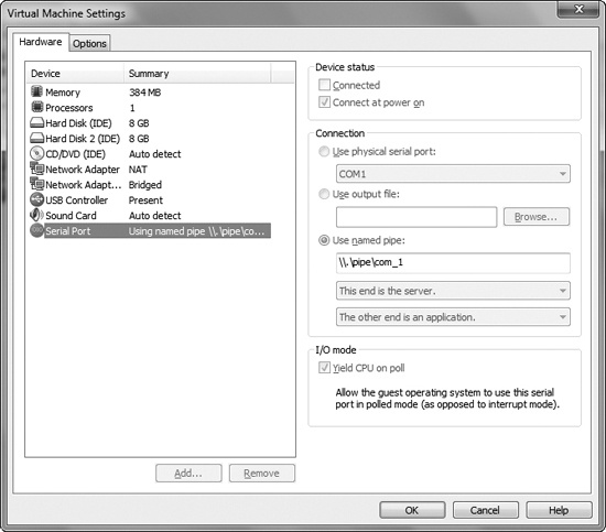 Adding a serial port to a virtual machine