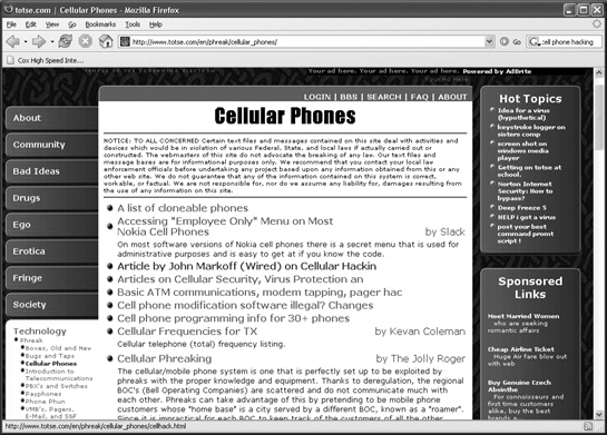 Hacker websites and e-zines offer information about cloning cell phones and stealing cell phone service.