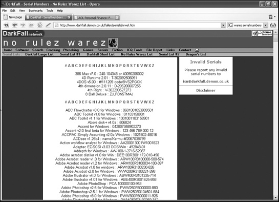 Many warez sites offer serial numbers for a wide variety of different programs.