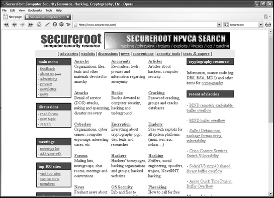 SecureRoot provides a Yahoo!-like portal with links to hacker websites, pages detailing operating system vulnerabilities, and phone phreaking information.