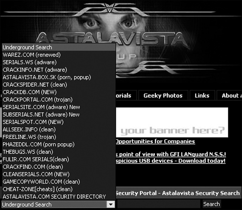 AstalaVista lists a variety of hacker search engines and even warns you about which ones will try to load spyware or Trojan horses if you visit them.