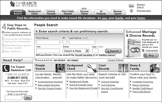 For a price, USSearch.com can unearth the court and property records of a person.