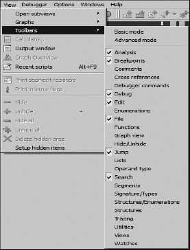 The toolbar configuration menu