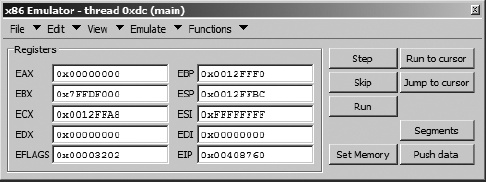x86emu emulator control dialog