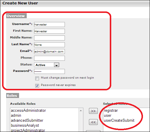 Creating a user for the Harvester tool