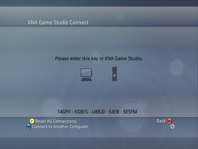 XNA Game Studio Connect screen