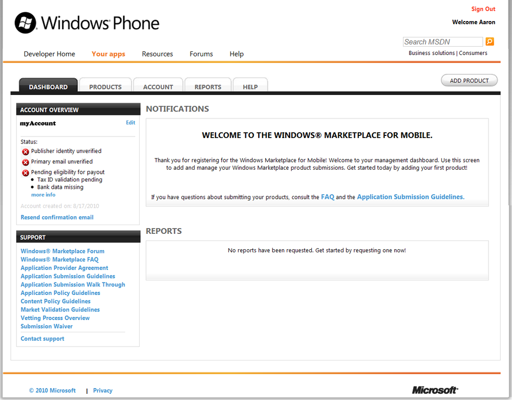 Windows Phone developer dashboard