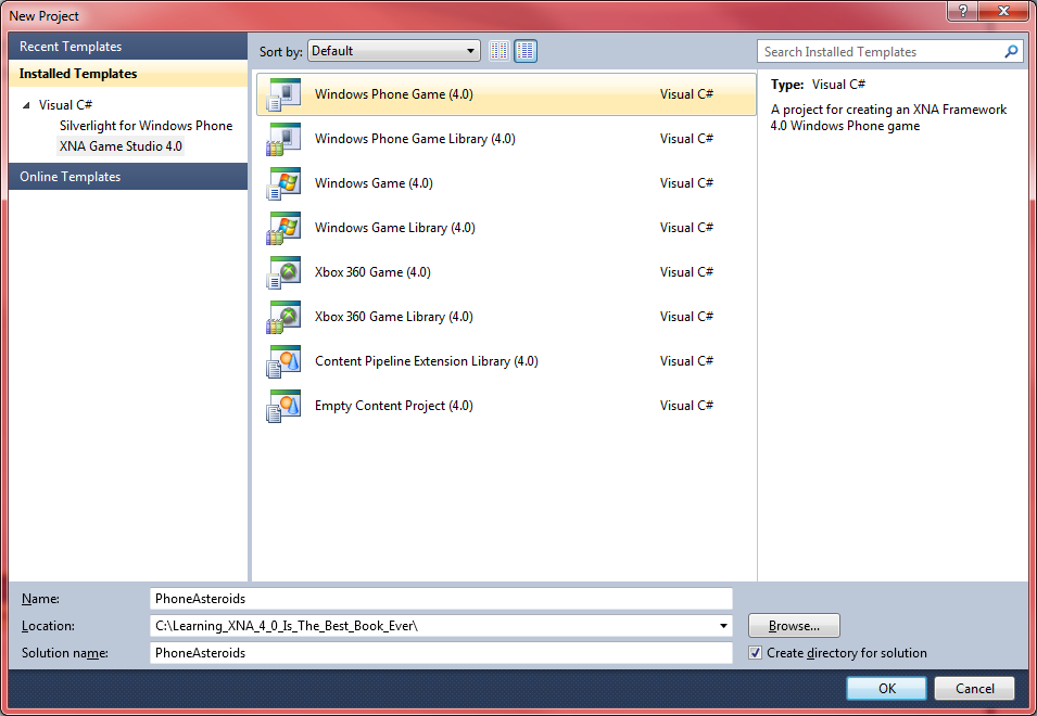 Creating a Windows Phone 7 game project