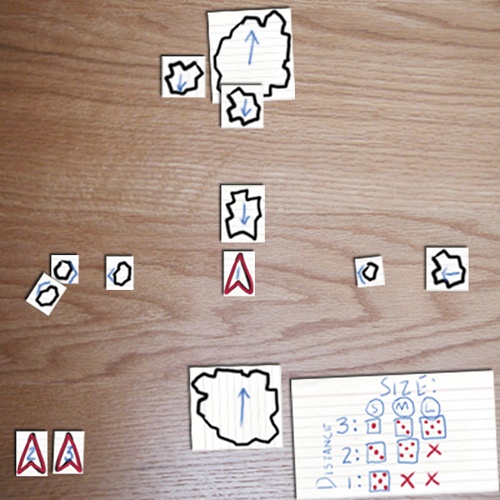 The classic arcade game Asteroids, re-created as a fully playable paper prototype. A probability matrix (bottom right) determines, from a die roll, whether a shot hit or missed.