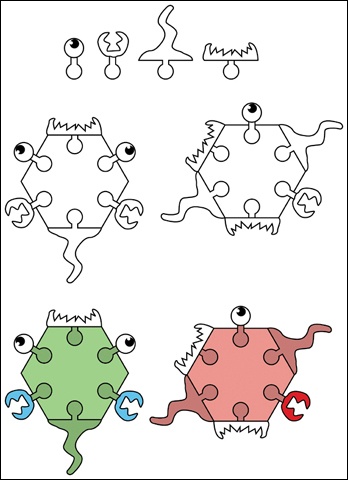 A simple model for cell creatures allowing different body parts to be snapped on. Each part had its own attributes and abilities, and the prototype helped balance them against one another.