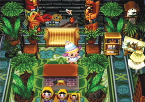 An elaborately decorated house in Animal Crossing, complete with indoor plants, slot machine, nesting dolls, and giant totems.