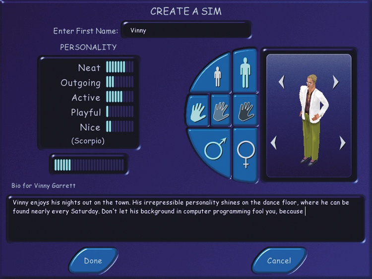 The user interface in The Sims encourages players to construct rich projective identities.