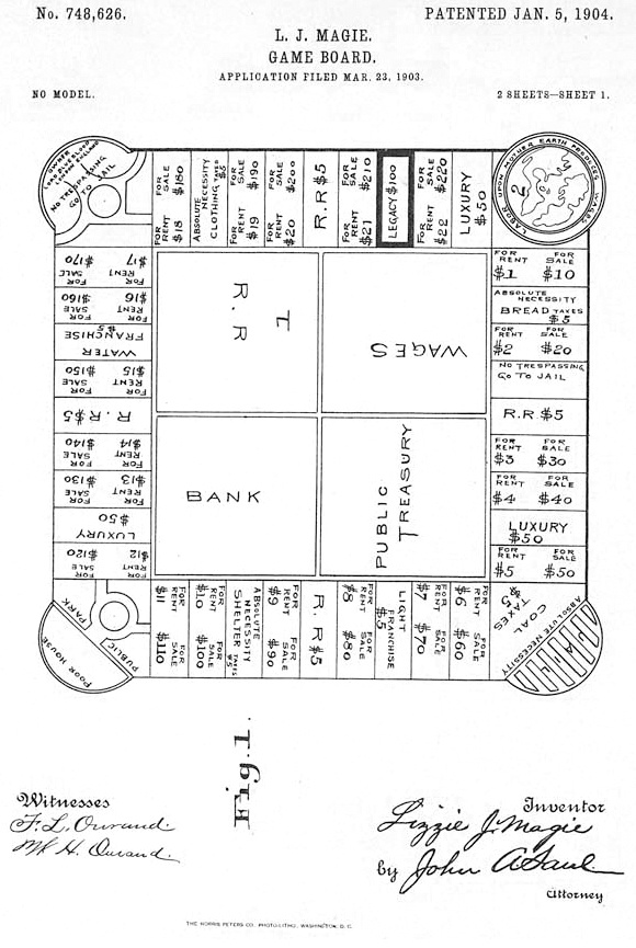 It’s easy to see the modern game of Monopoly in Lizzie Magie’s 1904 patent for The Landlord Game, although its persuasive message has been removed.