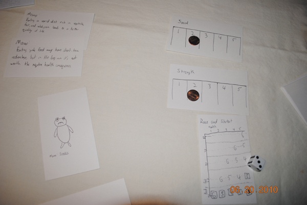 An early paper prototype of Fitter Critters. Many elements changed, but the core message (shown here at upper left) remained constant throughout.