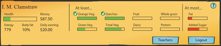 Every day players need to select foods that will fill all of the green bars (representing positive nutritional attributes) without filling either of their red bars (representing fat and added sugar).