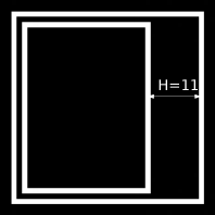 Figure showing two very simple shapes; the original image is used in Example 6.8.8.1 and is 40 × 40 pixel large. The Hausdorff distance is 11 pixels and is drawn into the image. There are of course larger distances from points on the inner rectangle to the outer square. But the one shown here is the largest of the possible shortest distances for points on the two shapes.