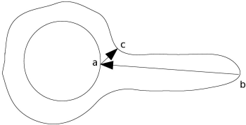 Figure showing an illustration of the asymmetric nature of the Hausdorff distance. The minimum distance from point a to the outer shape leads to point c, whereas the shortest distance from point b on the outer shape leads to point a.